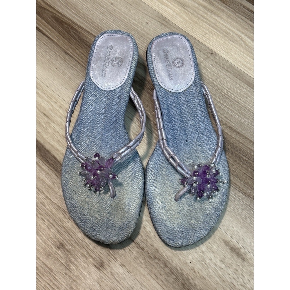 Cole Haan Mindi Thong Sandals Lavender Leather Blue Denim Flower Gem Size 8